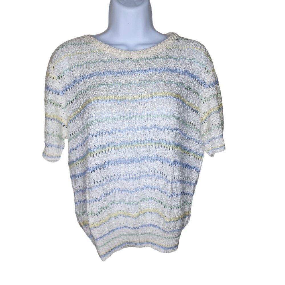 Vintage 1970s Short Sleeve Open Weave Sweater Pastel Womens L White Stripes